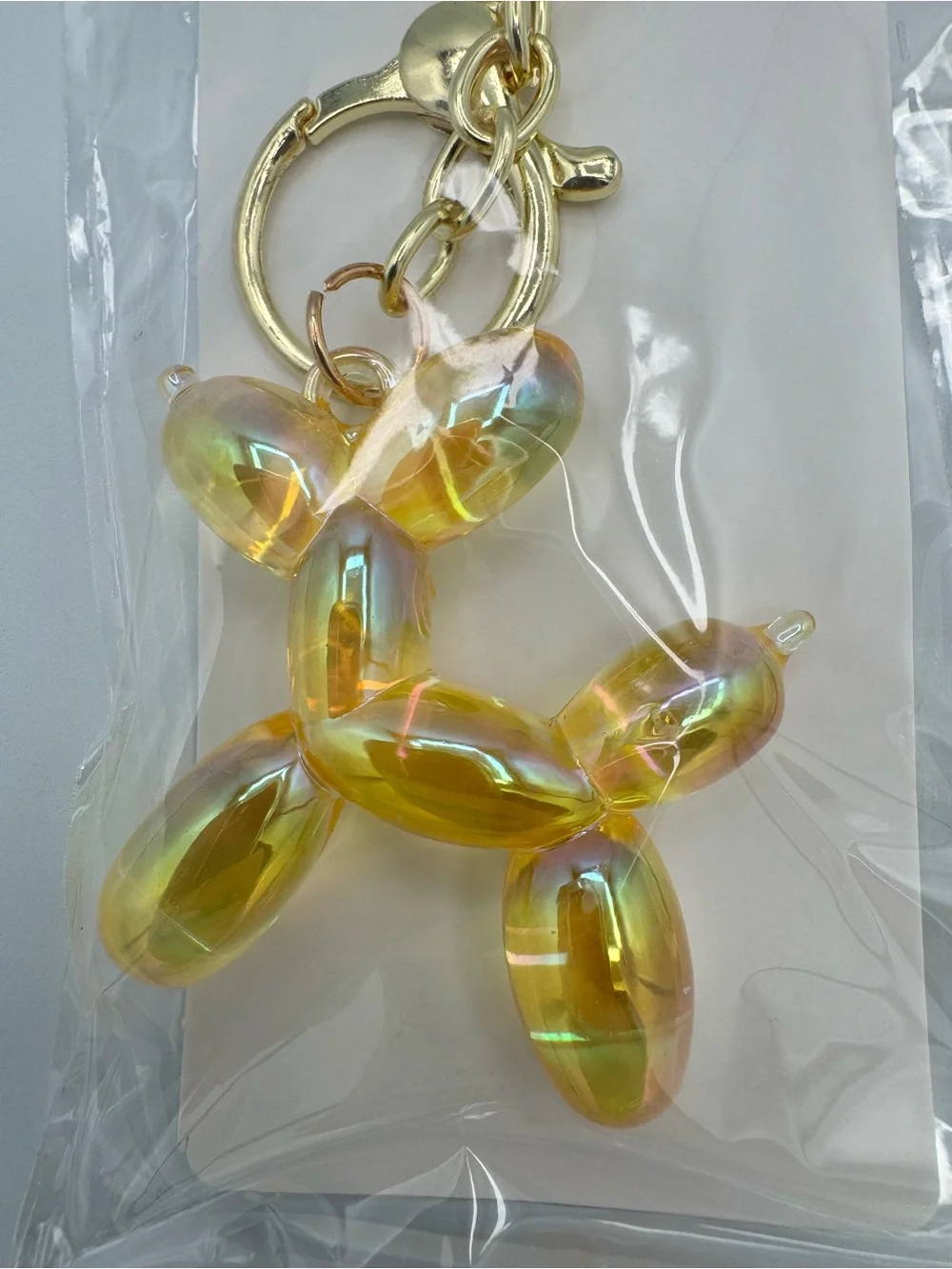 (1) Iridescent Yellow Balloon Dog Keychain - Gold Hardware